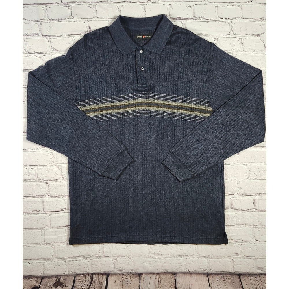 Vintage Pierre Cardin Mens Navy Ribbed Long Sleeve Polo Shirt Cotton Large